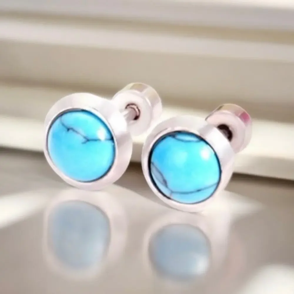 NEW 14K white gold plated blue turquoise stud earrings jewelry B28A